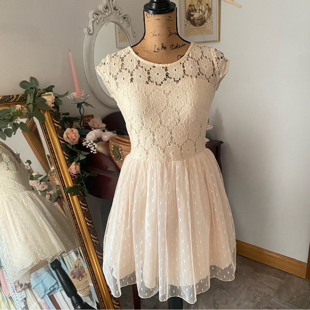 Sweet Darling Dress - Ivory Tulle Mini Dress With Floral Crochet